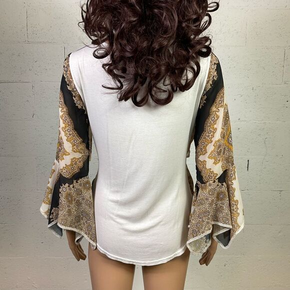 Zone Bleue Paris white with scarf print double tie front bell sleeves blouse S - Picture 4 of 7